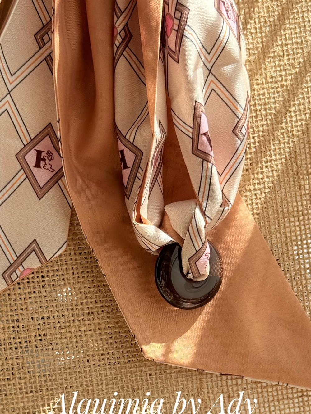 Beige & Peach Silk-Blend Scarf with Dark smoky quartz Ring Accent